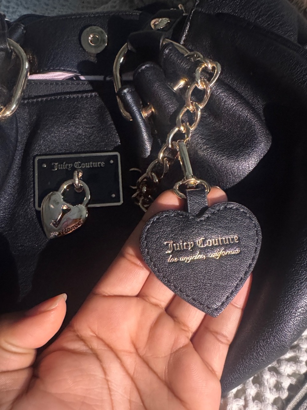 Juicy Couture Black Shoulder Bag with Rose Gold accents and heart mirror charm - Picture 2 of 5